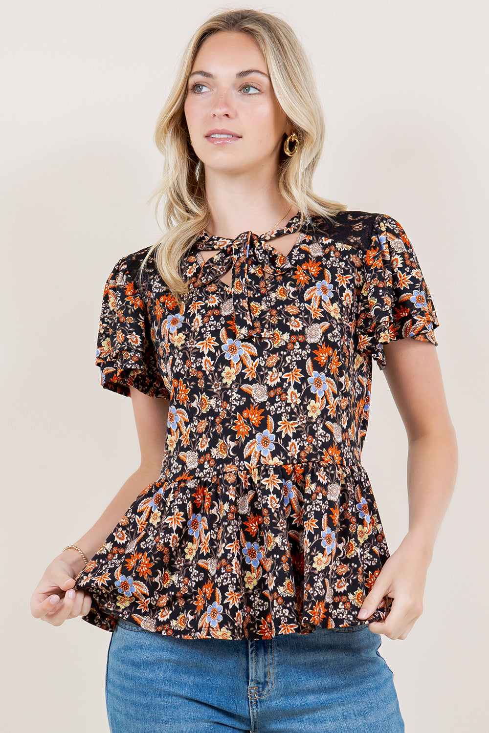 2 RUFFLE SLEEVE SLD YOKE LACE NECK BOW TIE TOP - T11543-0018-FLITY