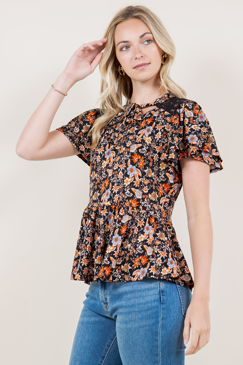 2 RUFFLE SLEEVE SLD YOKE LACE NECK BOW TIE TOP - T11543-0018-FLITY