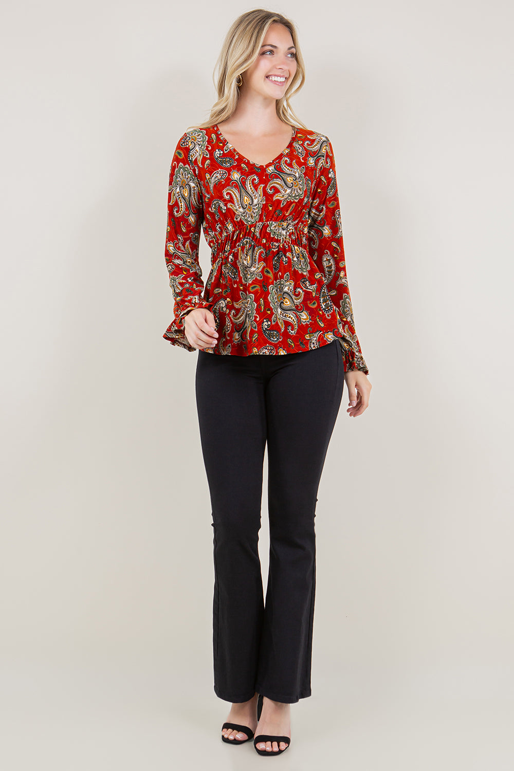 LS V-NK ELASTIC WAIST PEASANT BLOUSE TOP - T11547-A0162-6