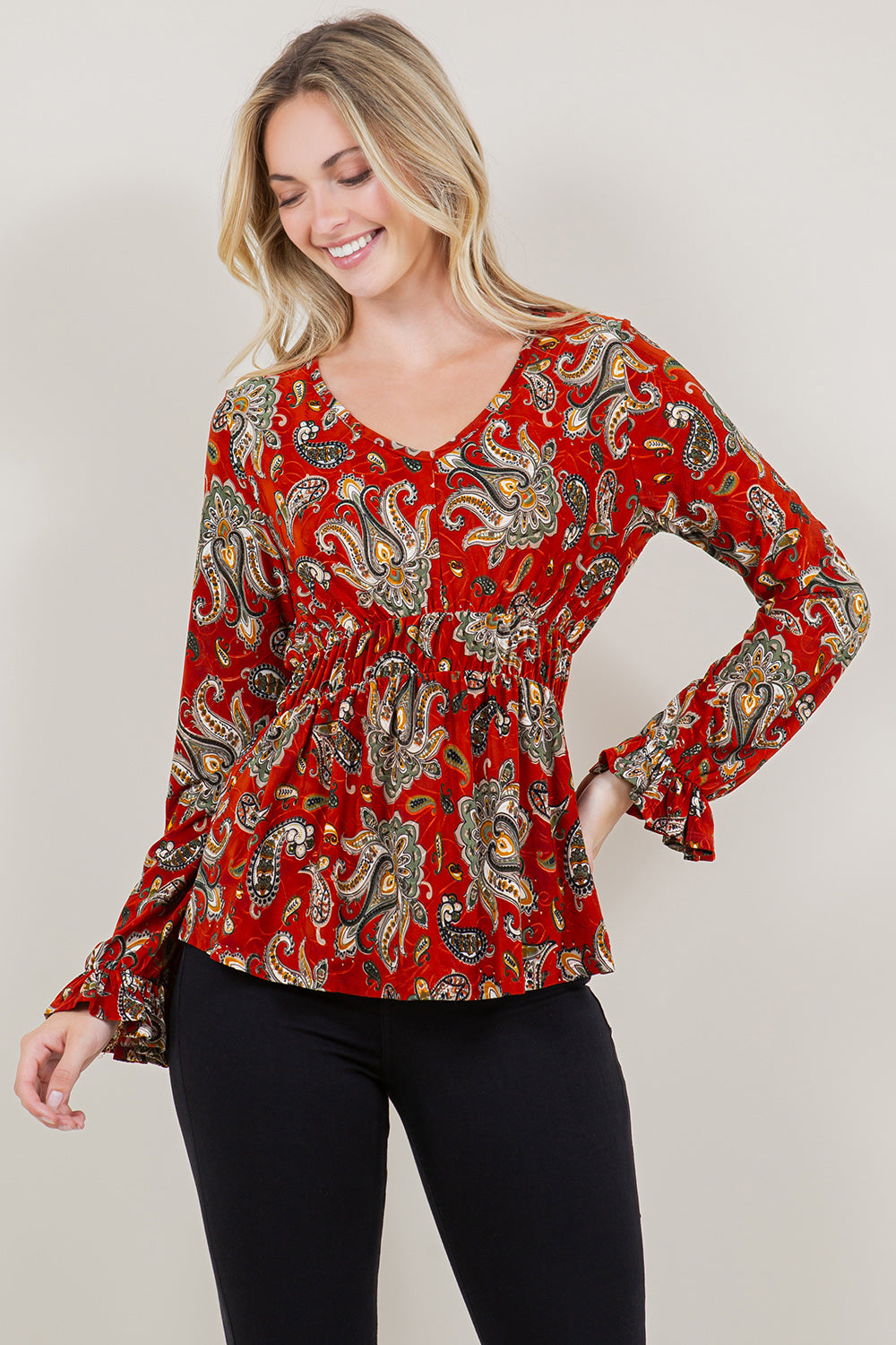 LS V-NK ELASTIC WAIST PEASANT BLOUSE TOP - T11547-A0162-6