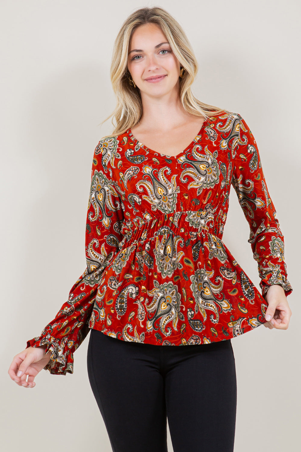 LS V-NK ELASTIC WAIST PEASANT BLOUSE TOP - T11547-A0162-6