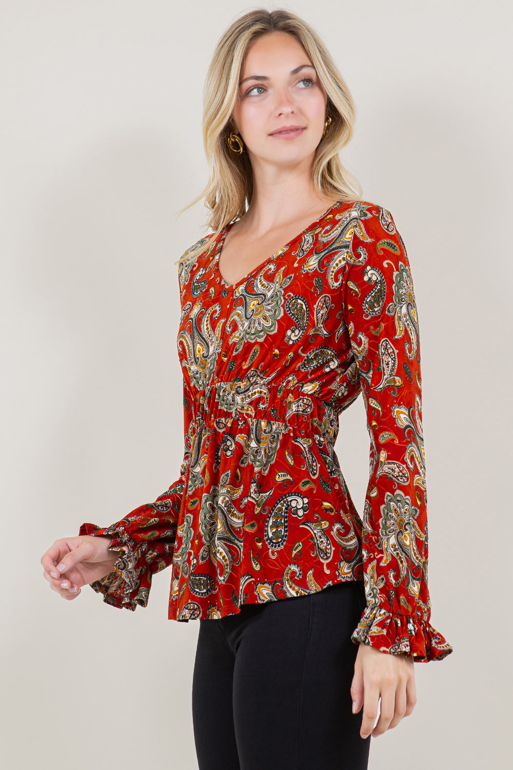LS V-NK ELASTIC WAIST PEASANT BLOUSE TOP - T11547-A0162-6