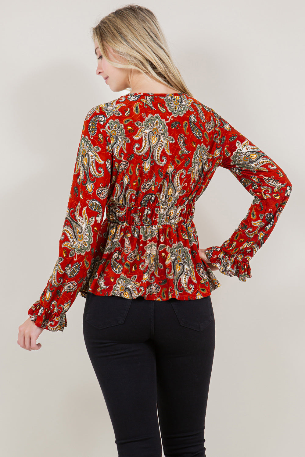 LS V-NK ELASTIC WAIST PEASANT BLOUSE TOP - T11547-A0162-6
