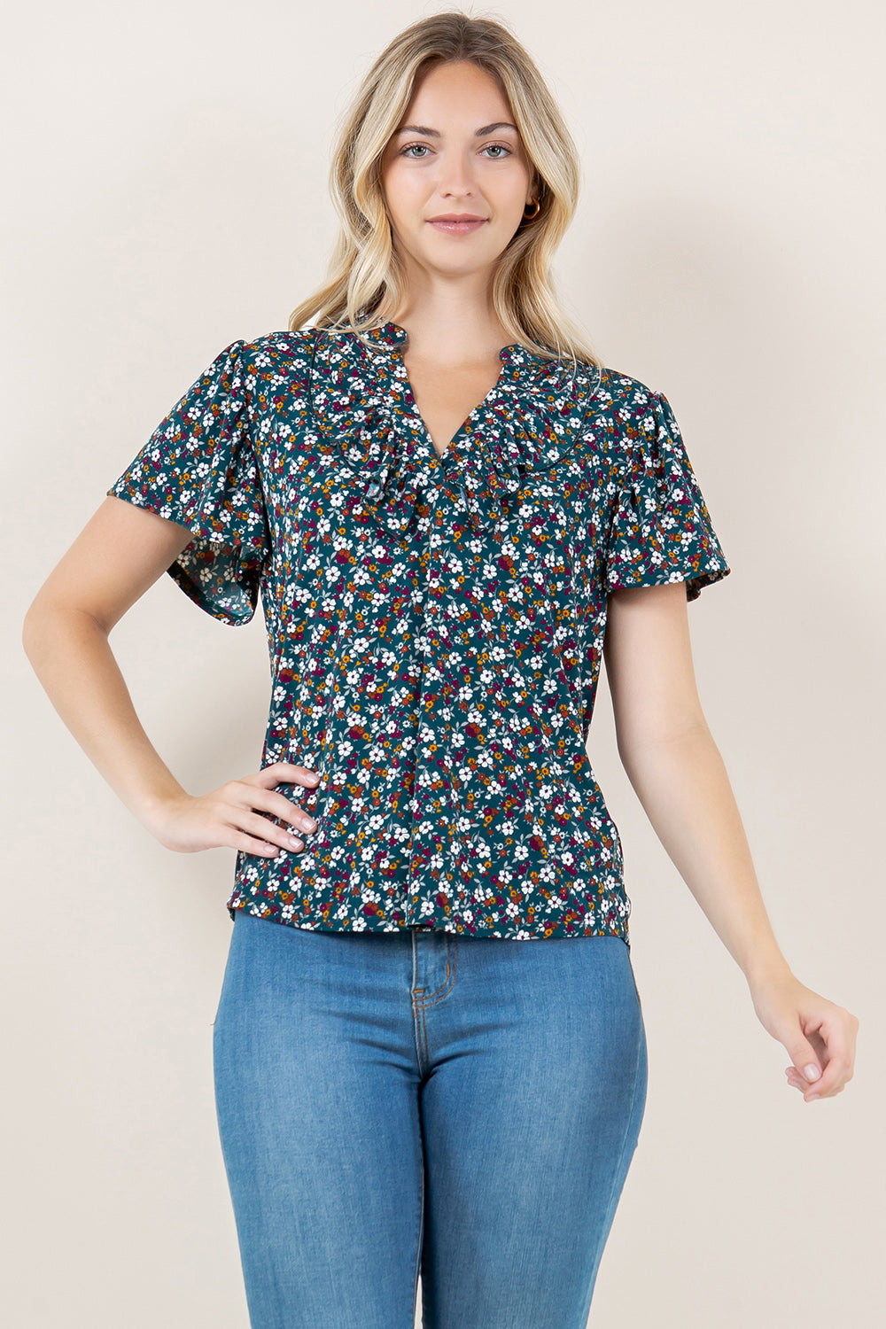 SHT FLUTTER SLV RUFFLE NK MANDARIN COLLAR TOP - T11550-A4472