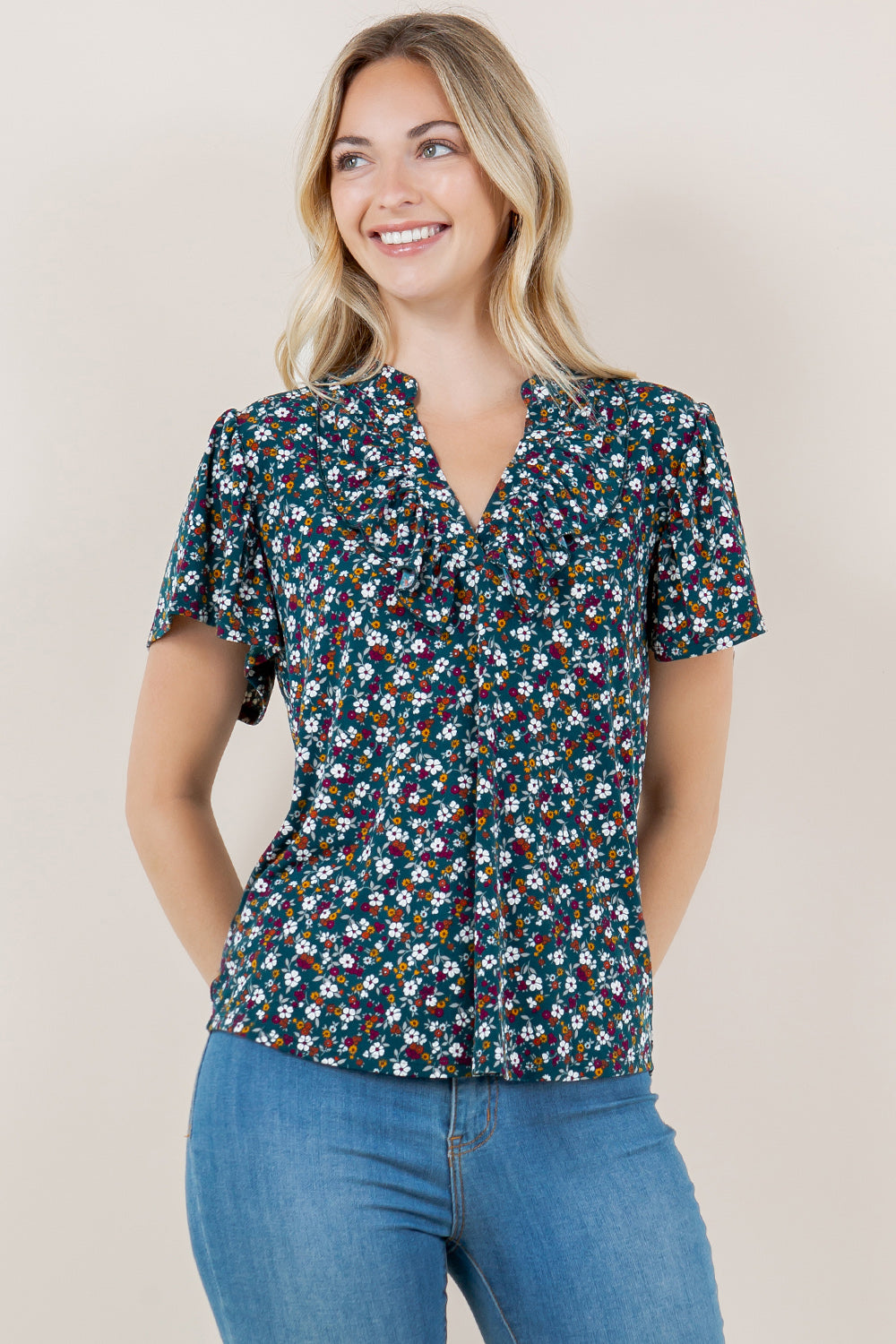 SHT FLUTTER SLV RUFFLE NK MANDARIN COLLAR TOP - T11550-A4472