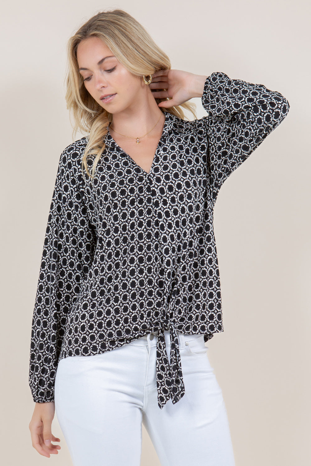 LS COLLAR V-NECK TIE FRONT BLOUSE  - T11552-A0589-JQITY