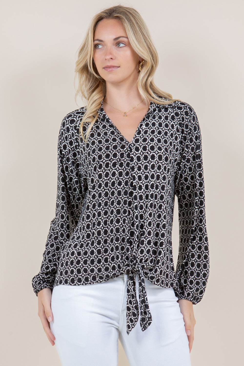 LS COLLAR V-NECK TIE FRONT BLOUSE  - T11552-A0589-JQITY