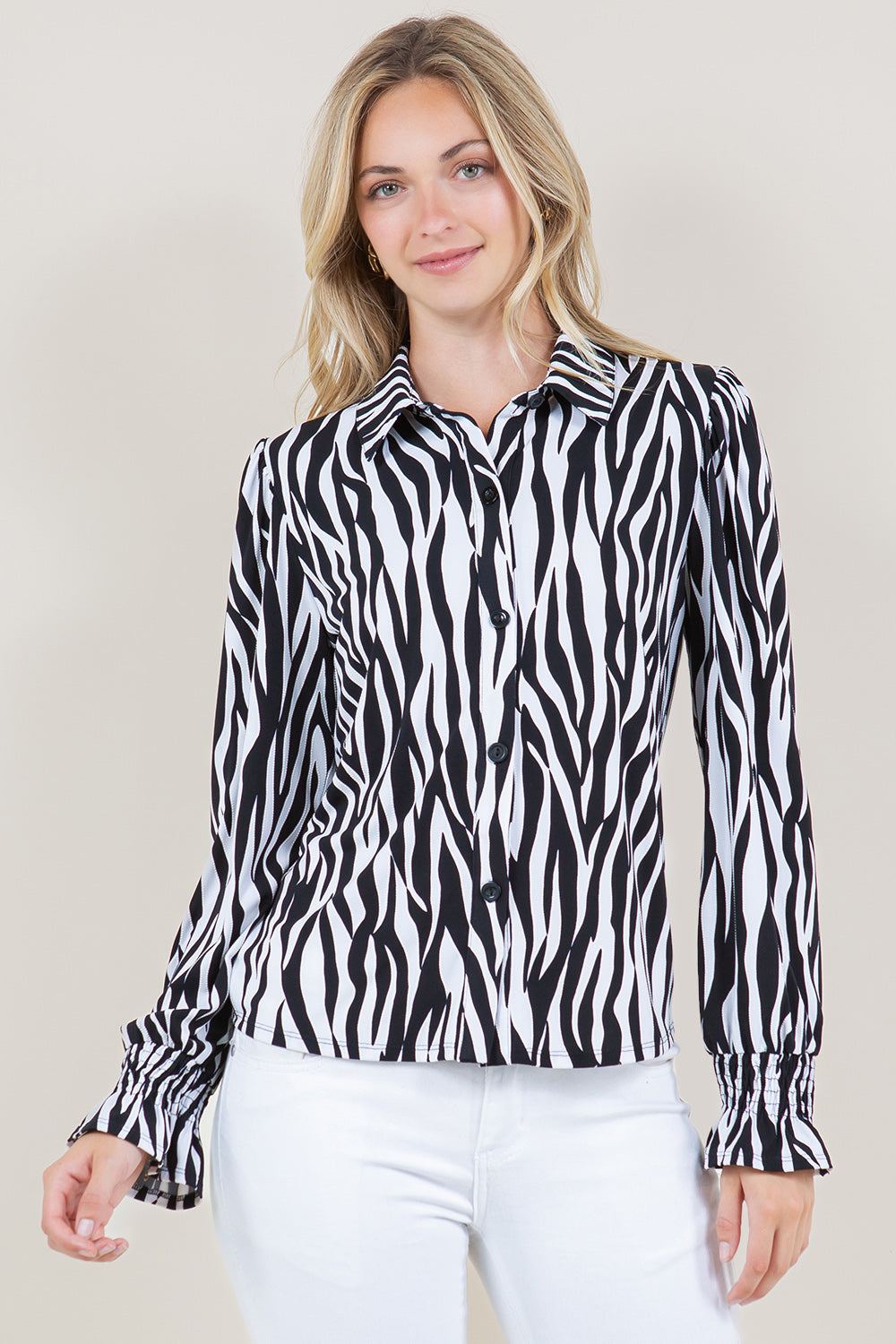 LS RUCHED RUFFLE HEM CUFF BUTTON UP SHIRT TOP - T11559-64241-3