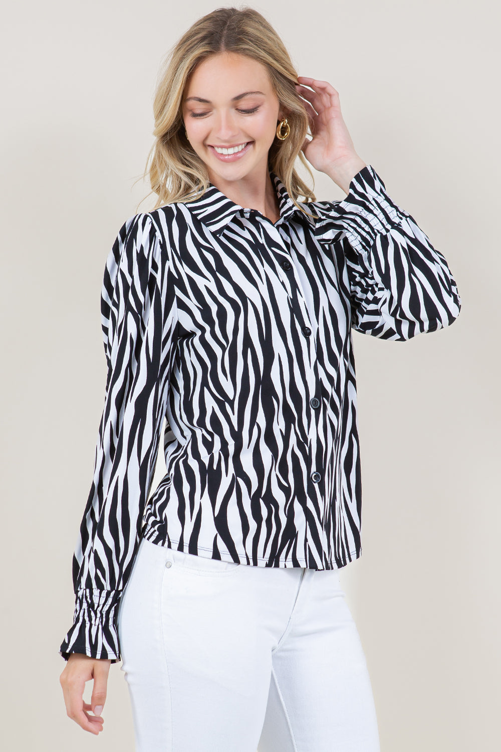 LS RUCHED RUFFLE HEM CUFF BUTTON UP SHIRT TOP - T11559-64241-3