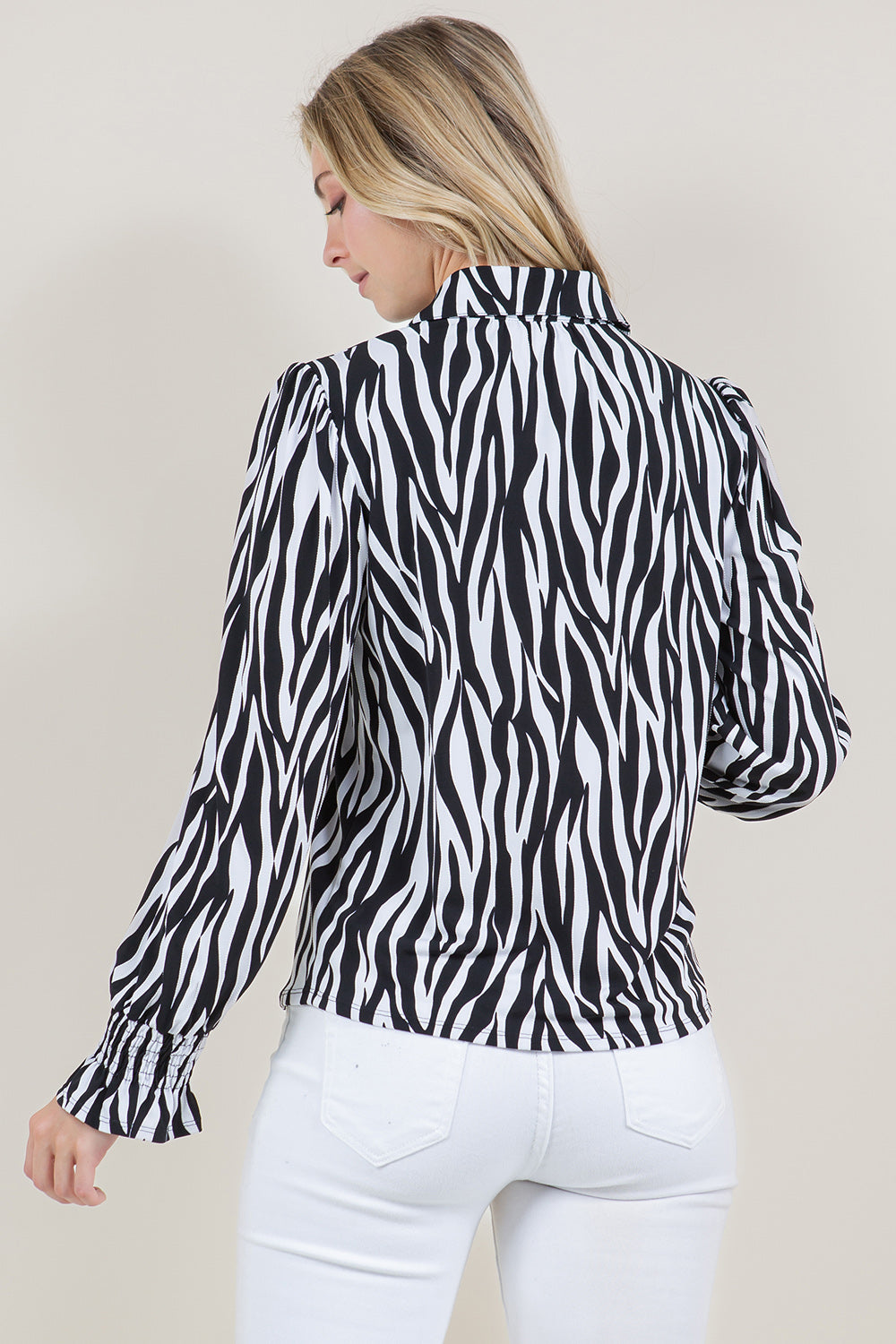 LS RUCHED RUFFLE HEM CUFF BUTTON UP SHIRT TOP - T11559-64241-3