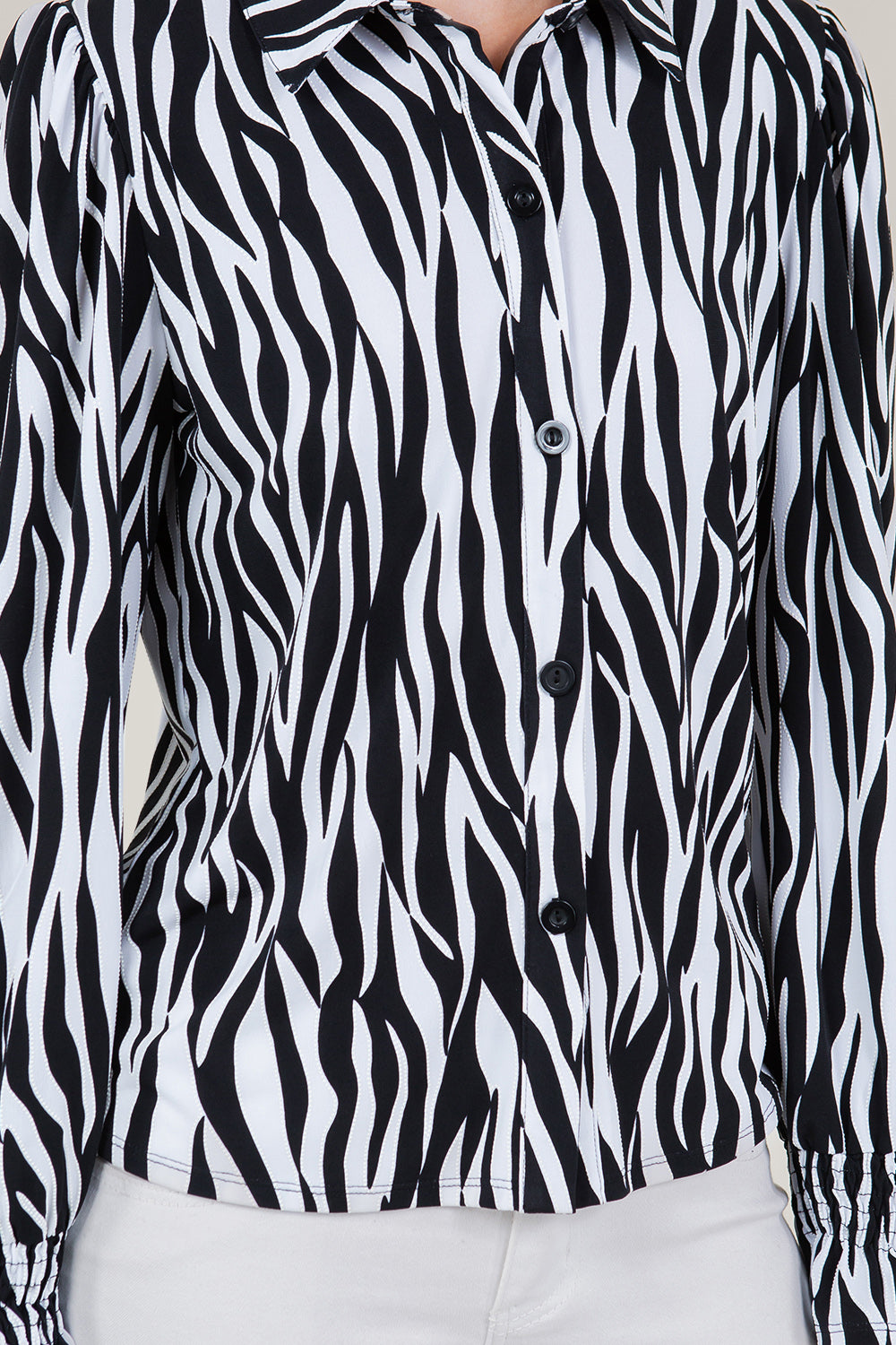LS RUCHED RUFFLE HEM CUFF BUTTON UP SHIRT TOP - T11559-64241-3