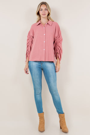 LS RUCHED BUTTON FRONT SHIRT - T11562-MAUVE