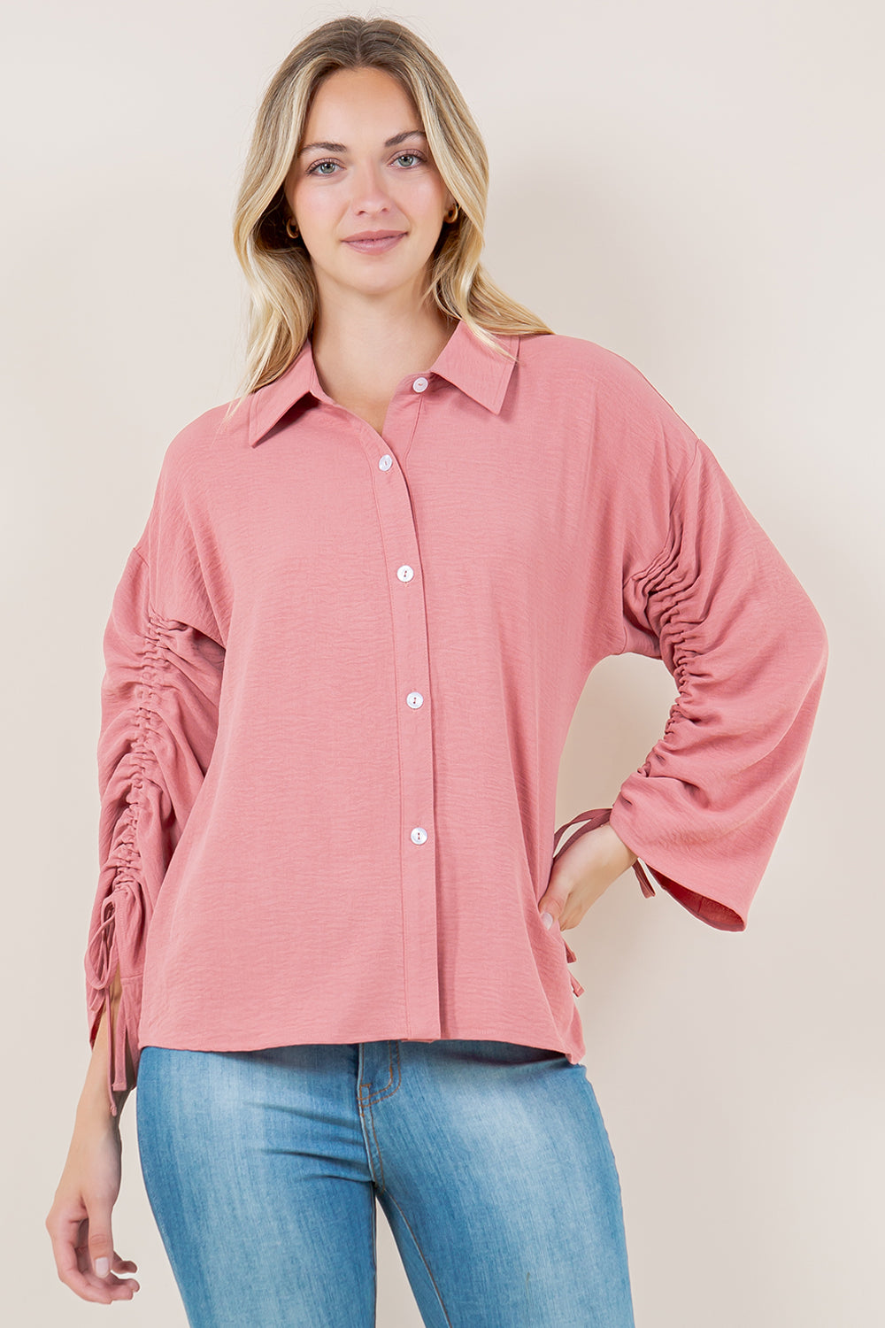 LS RUCHED BUTTON FRONT SHIRT - T11562-MAUVE