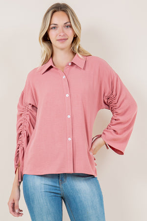 LS RUCHED BUTTON FRONT SHIRT - T11562-MAUVE