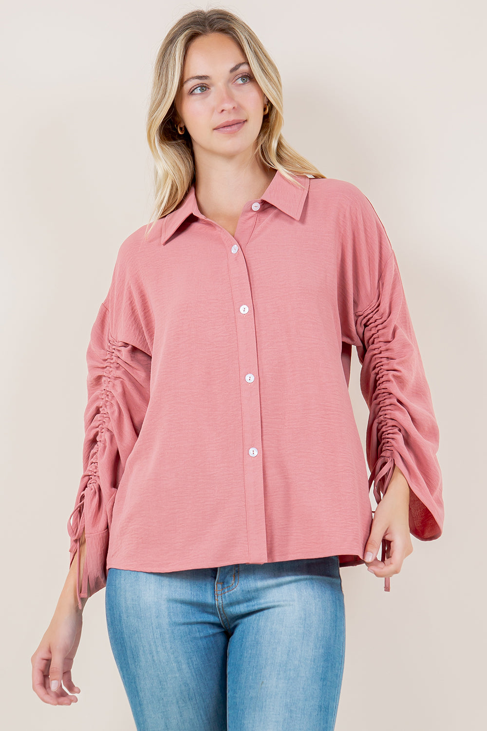 LS RUCHED BUTTON FRONT SHIRT - T11562-MAUVE