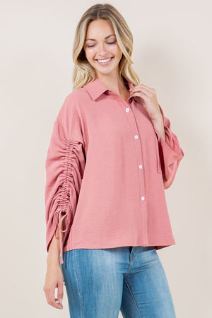 LS RUCHED BUTTON FRONT SHIRT - T11562-MAUVE
