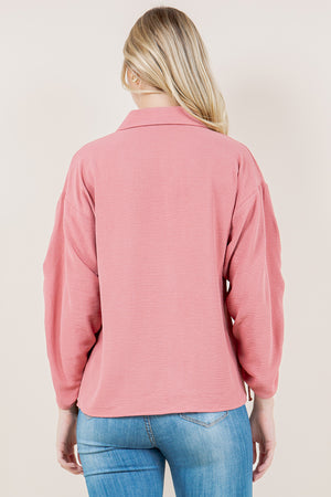 LS RUCHED BUTTON FRONT SHIRT - T11562-MAUVE
