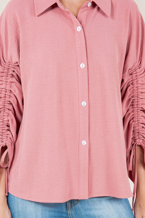 LS RUCHED BUTTON FRONT SHIRT - T11562-MAUVE