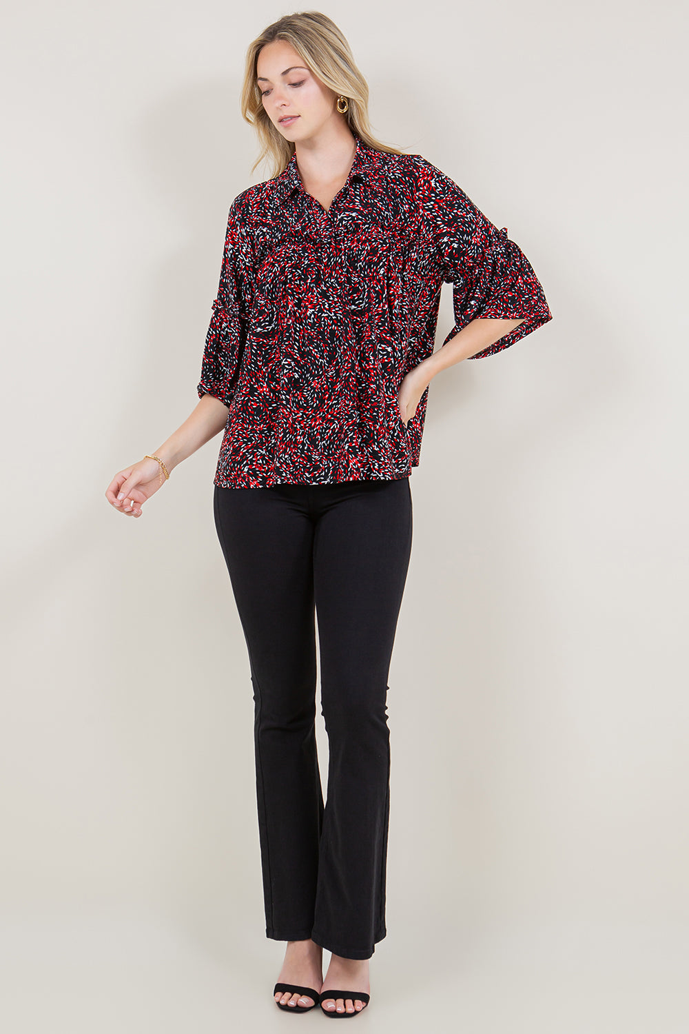 BELL RUFFLE ELBOW SLEEVE COLLAR TOP - T11567-1511-2