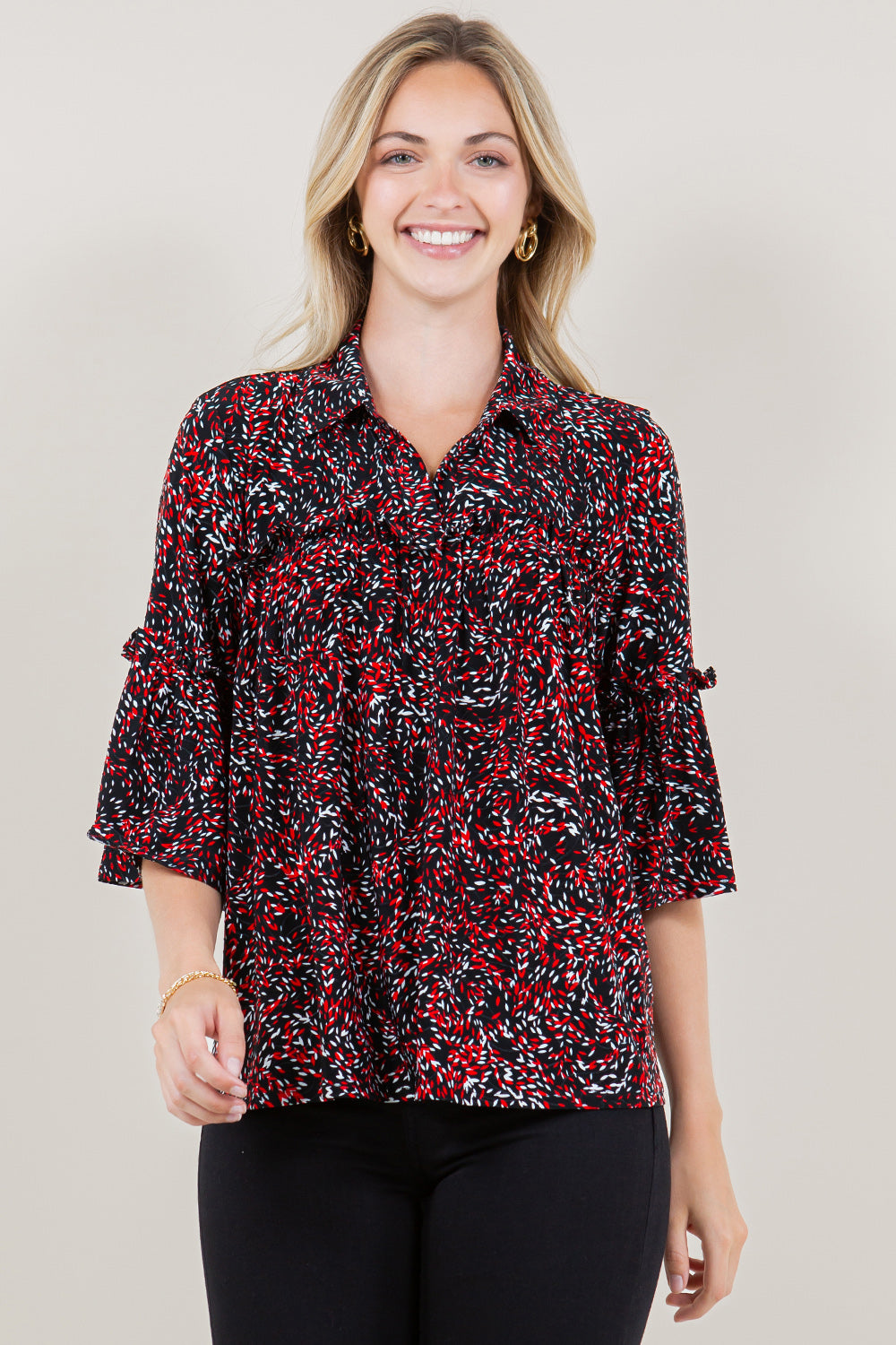 BELL RUFFLE ELBOW SLEEVE COLLAR TOP - T11567-1511-2