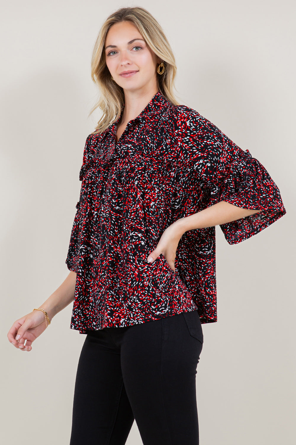 BELL RUFFLE ELBOW SLEEVE COLLAR TOP - T11567-1511-2