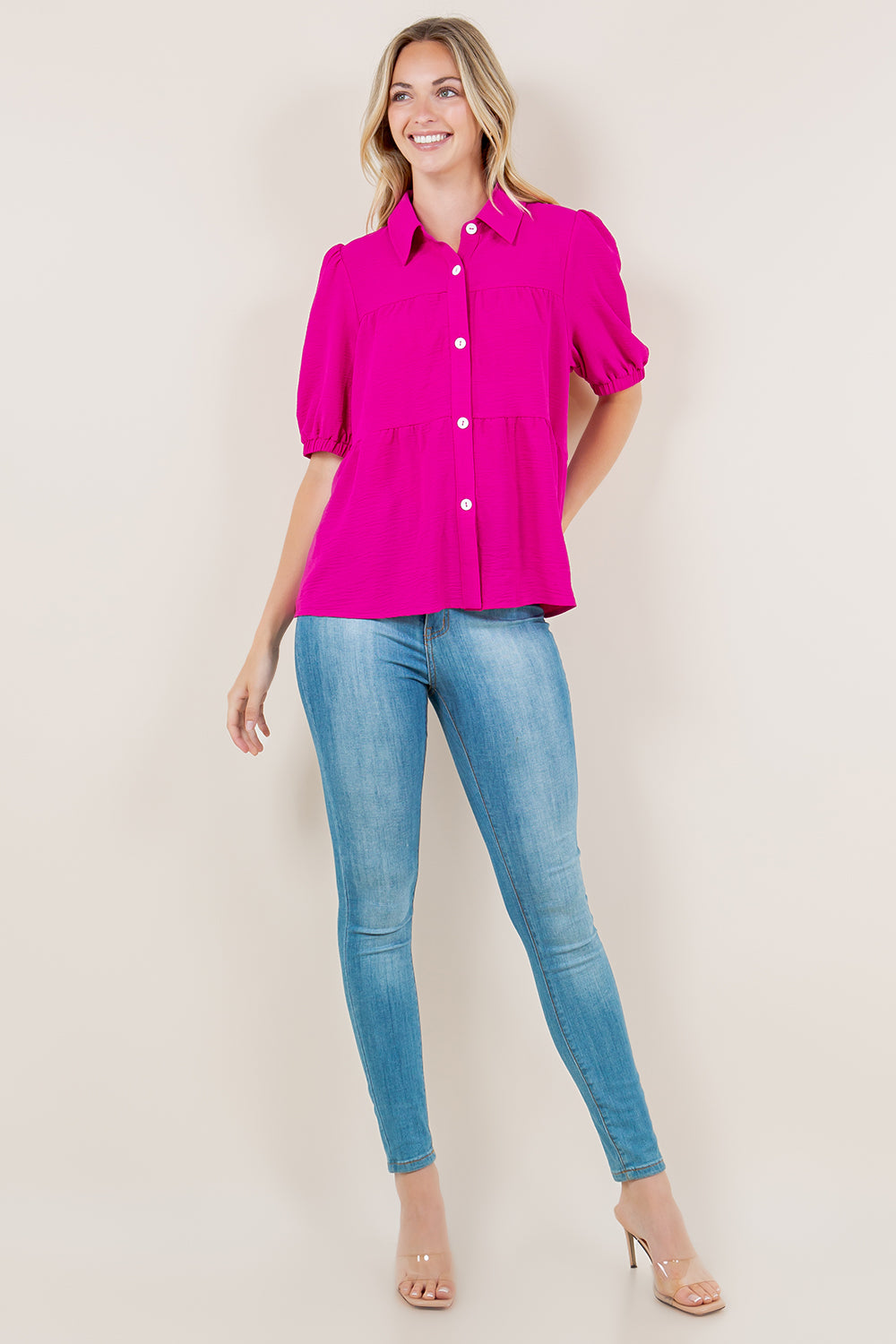 PUFF SS TIER BUTTON FRONT SHIRT - T11569-HOTPINK