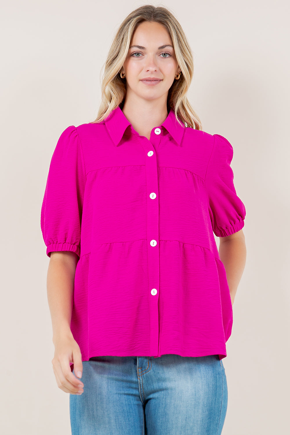 PUFF SS TIER BUTTON FRONT SHIRT - T11569-HOTPINK