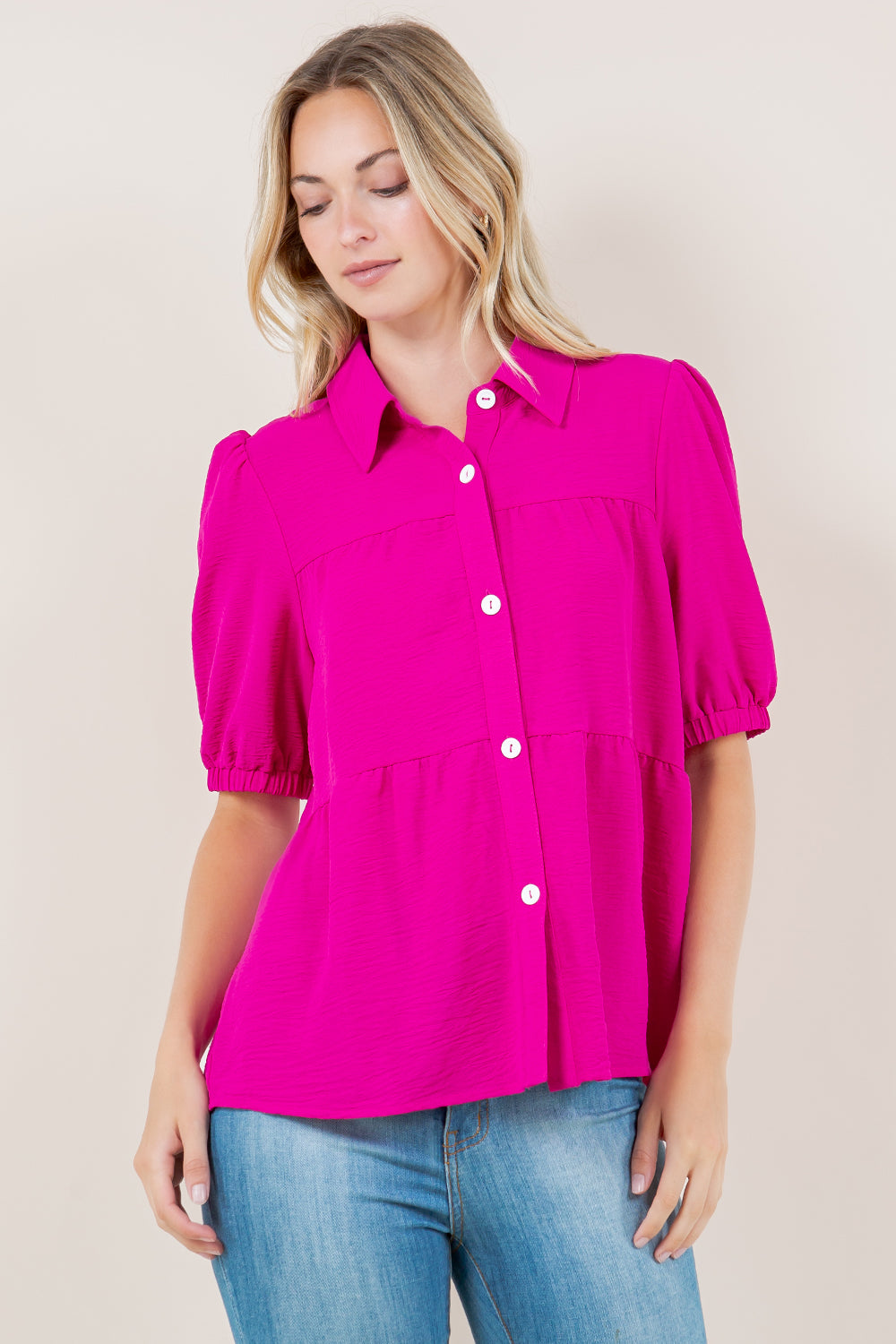 PUFF SS TIER BUTTON FRONT SHIRT - T11569-HOTPINK