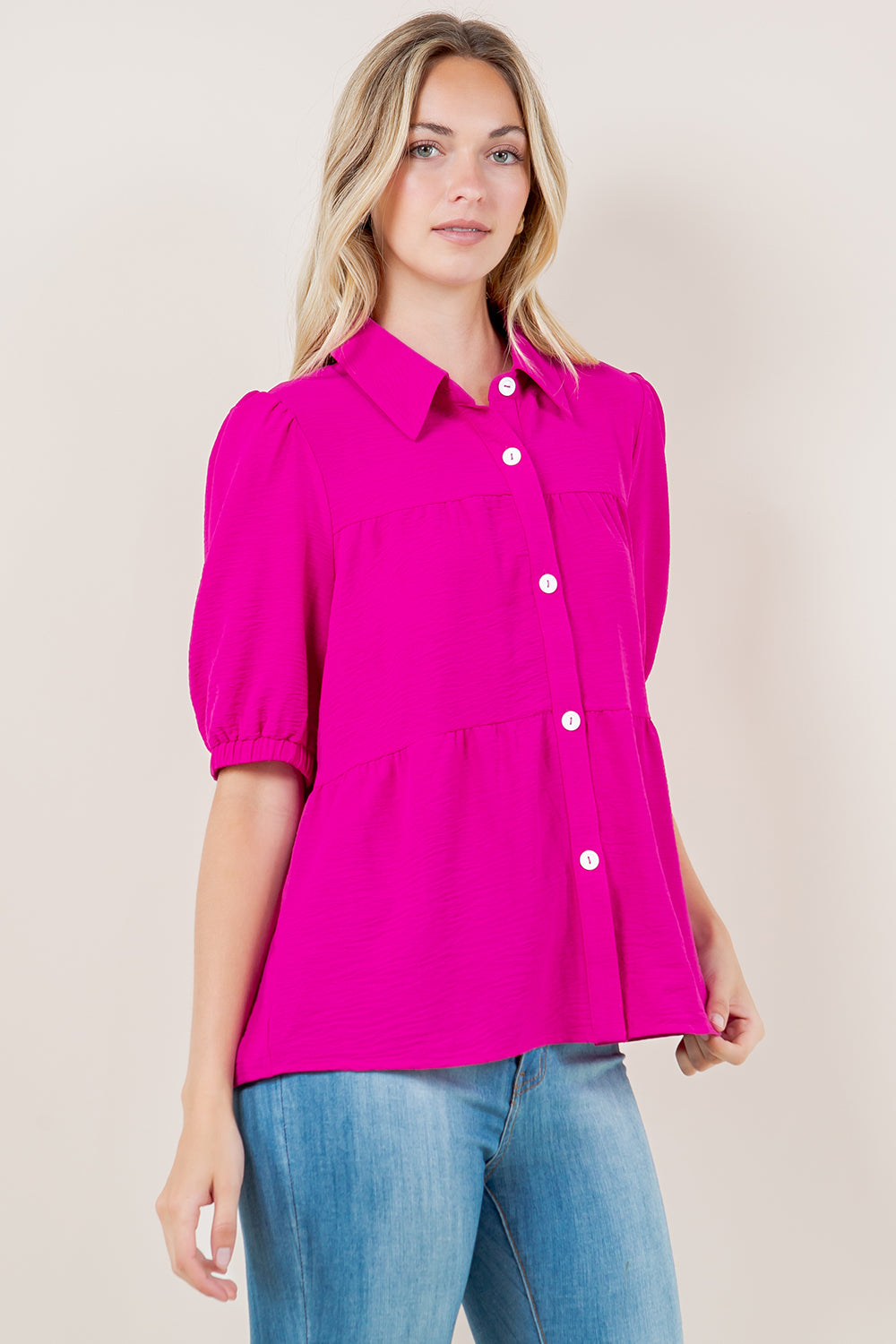PUFF SS TIER BUTTON FRONT SHIRT - T11569-HOTPINK