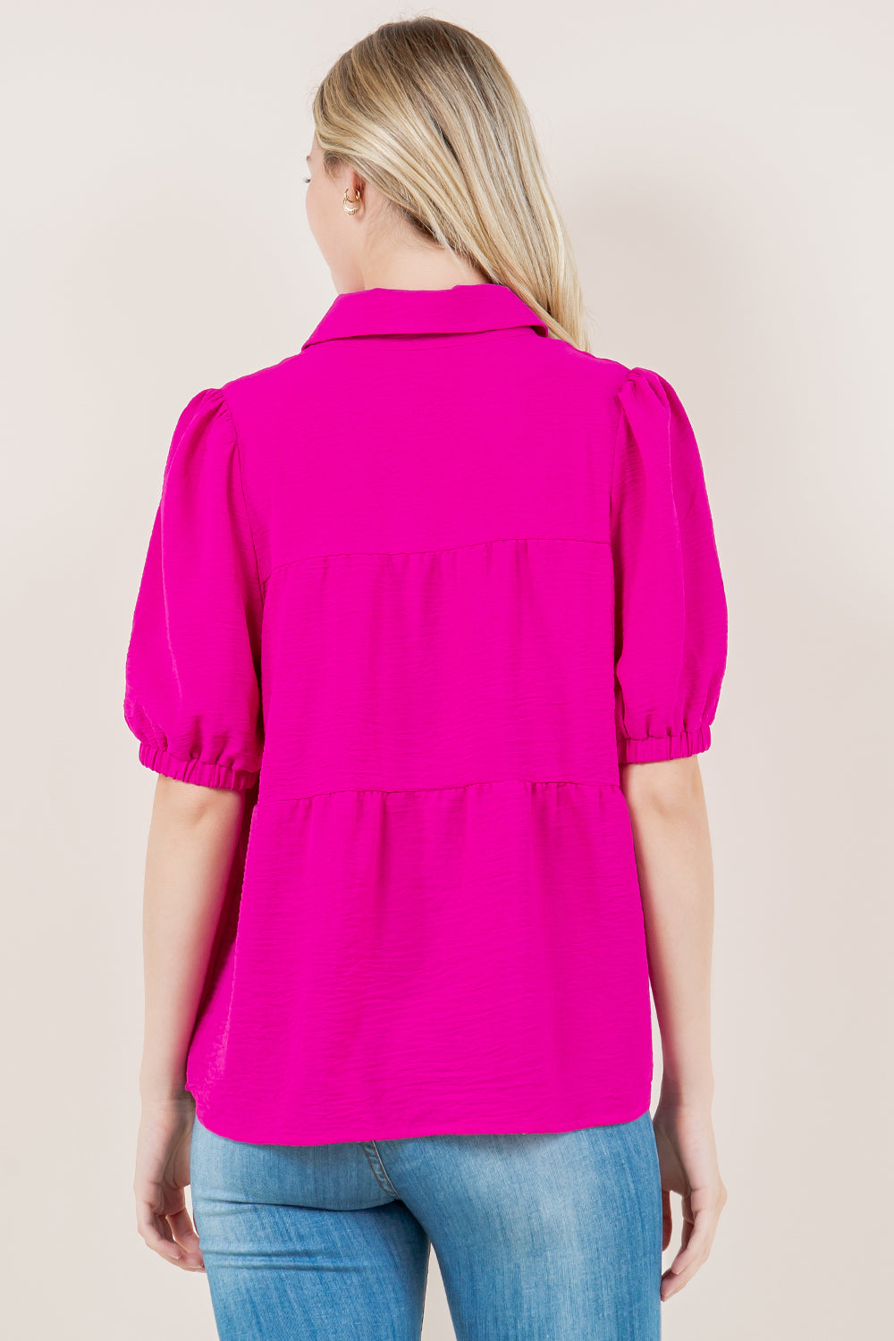 PUFF SS TIER BUTTON FRONT SHIRT - T11569-HOTPINK