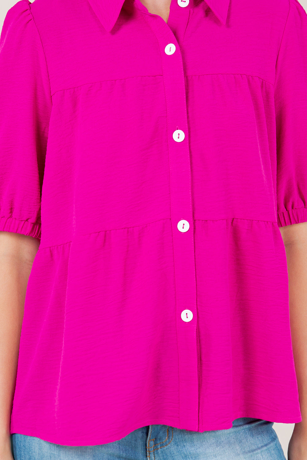 PUFF SS TIER BUTTON FRONT SHIRT - T11569-HOTPINK