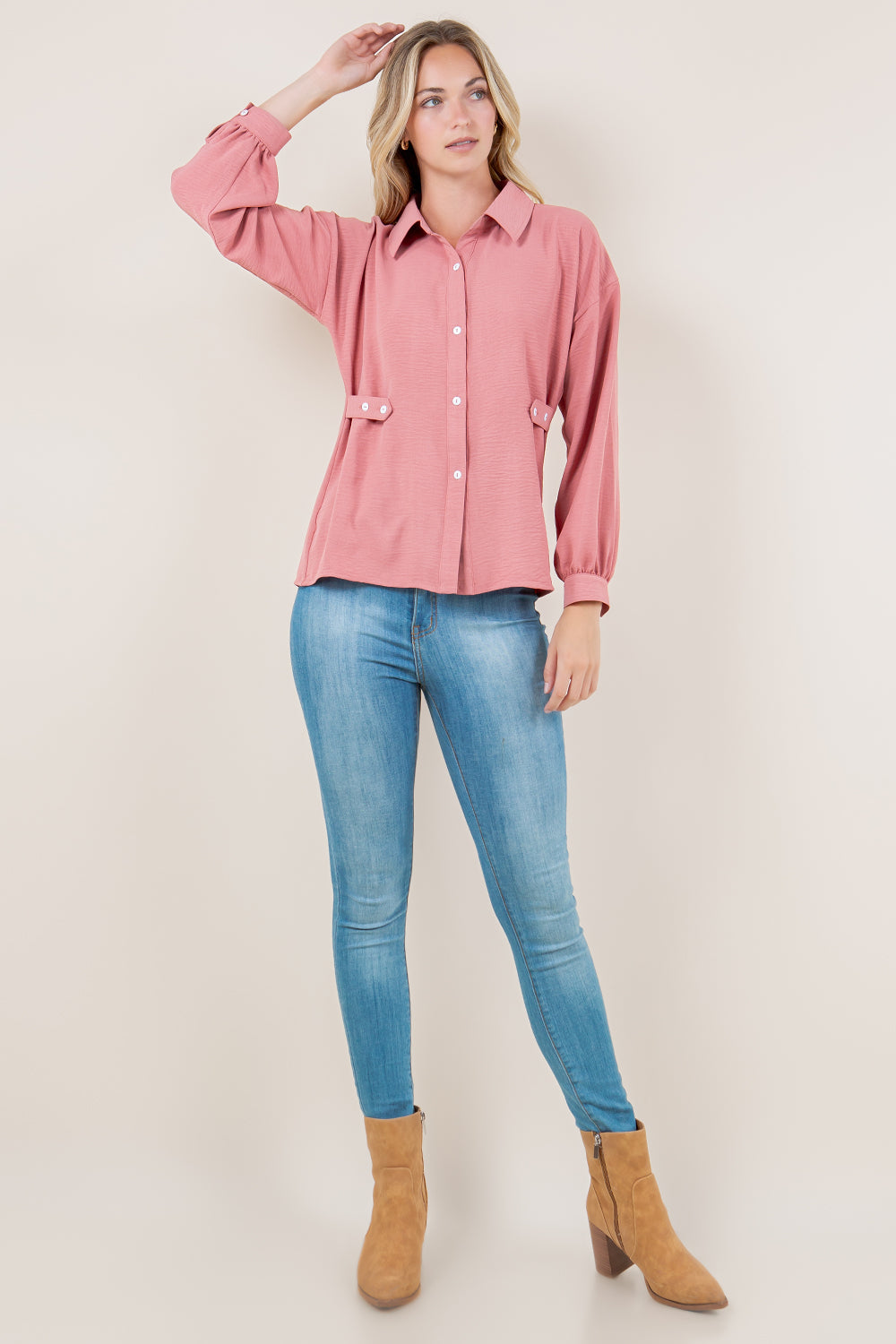 LS BUTTON UP SHIRT WITH ADJUSTABLE SIDE TAB - T11572-MAUVE