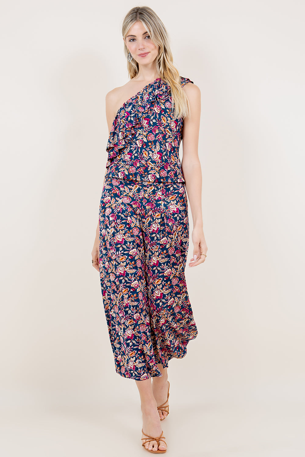 ONE SHOULDER DOUBLE RUFFLE TOP & CULOTTE PANT WITH FRONT PLEAT - T11576-A4458+P438-A4485