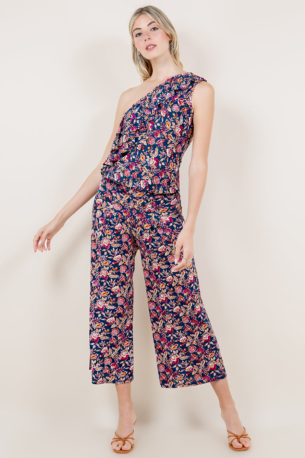 ONE SHOULDER DOUBLE RUFFLE TOP & CULOTTE PANT WITH FRONT PLEAT - T11576-A4458+P438-A4485