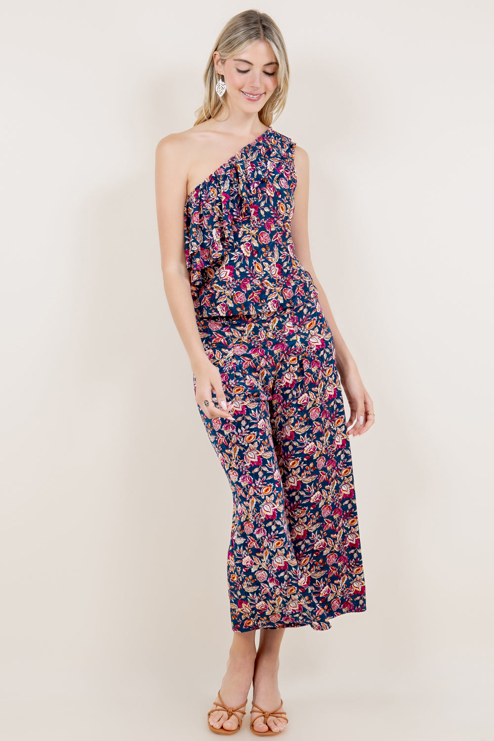 ONE SHOULDER DOUBLE RUFFLE TOP & CULOTTE PANT WITH FRONT PLEAT - T11576-A4458+P438-A4485