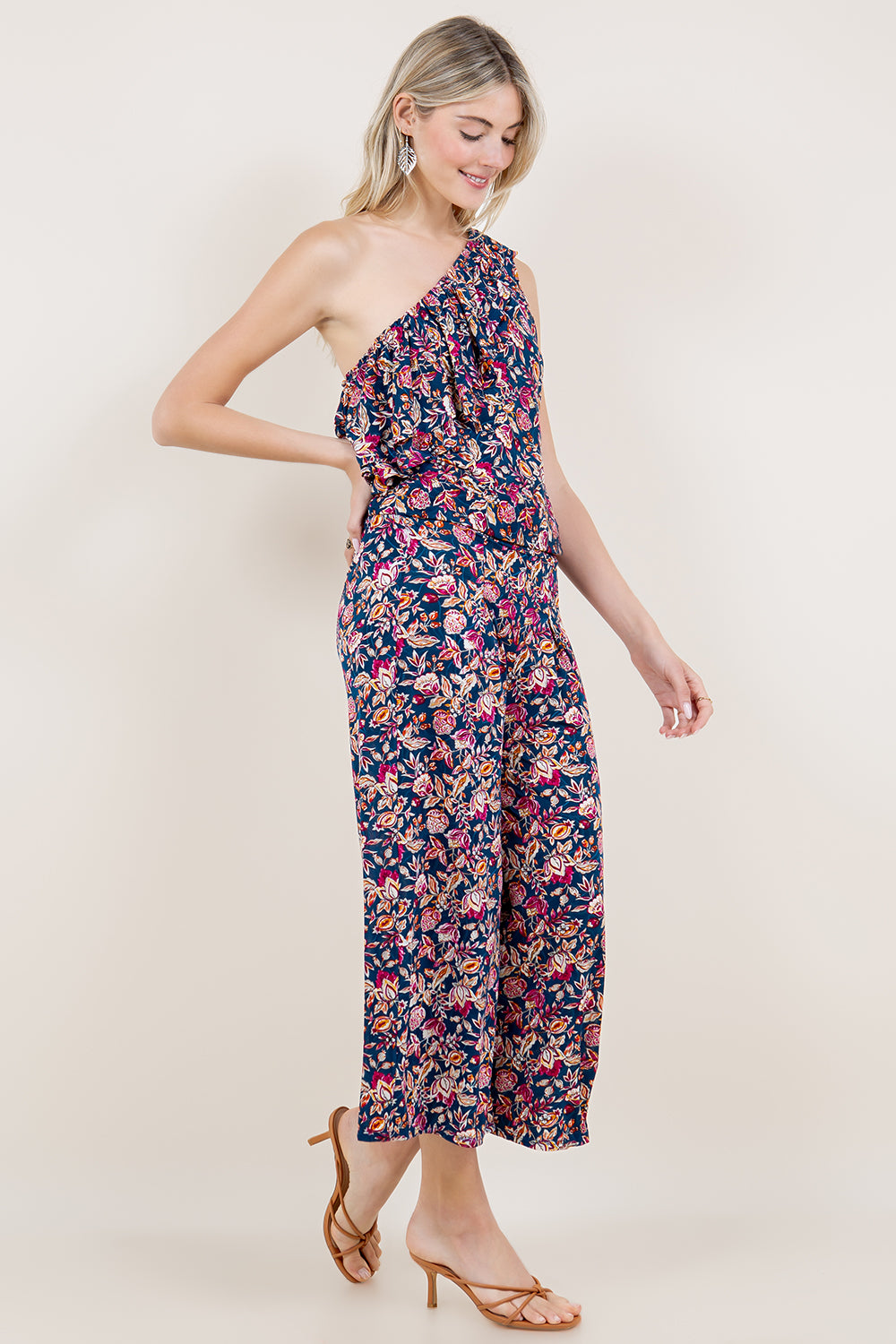 ONE SHOULDER DOUBLE RUFFLE TOP & CULOTTE PANT WITH FRONT PLEAT - T11576-A4458+P438-A4485