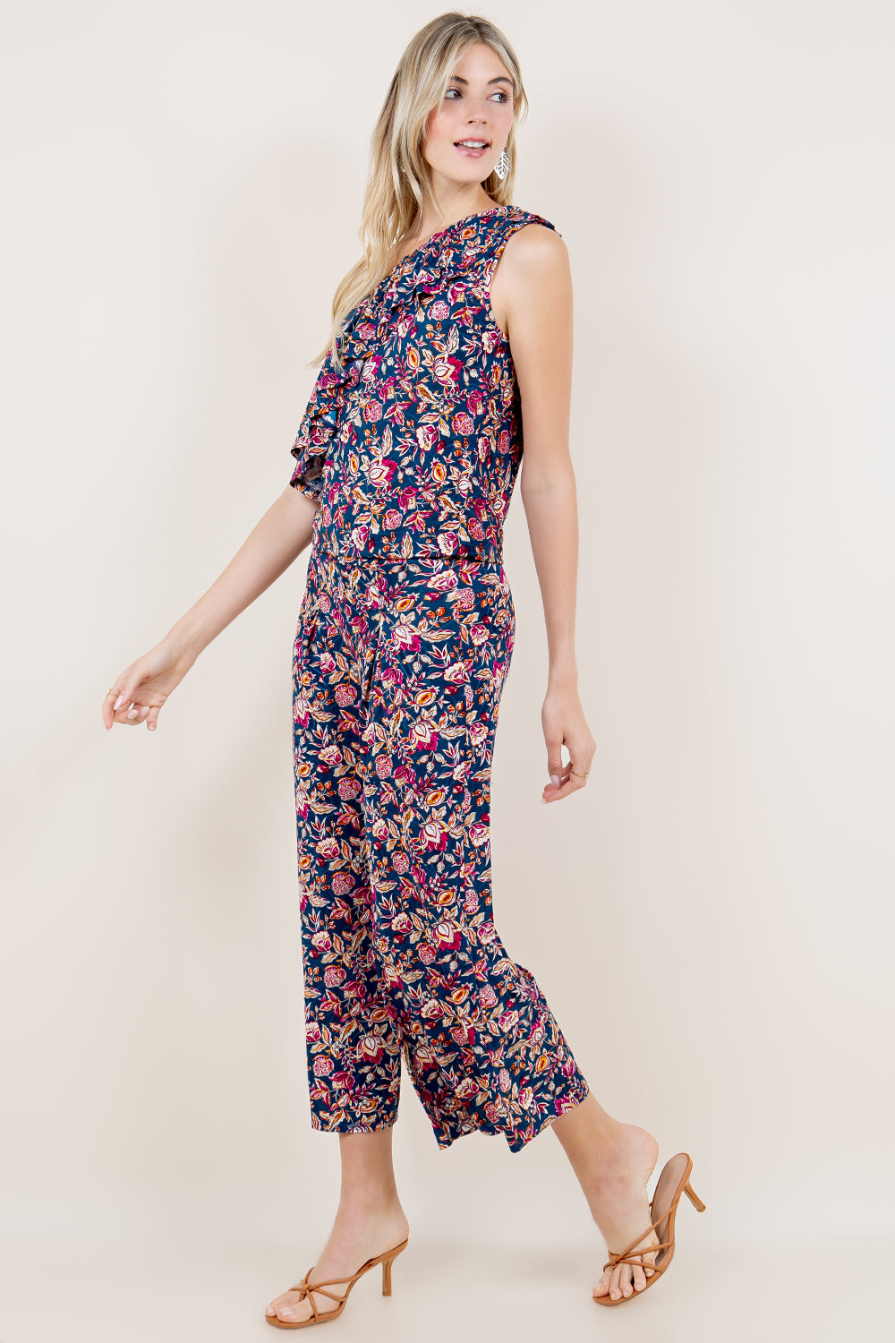ONE SHOULDER DOUBLE RUFFLE TOP & CULOTTE PANT WITH FRONT PLEAT - T11576-A4458+P438-A4485