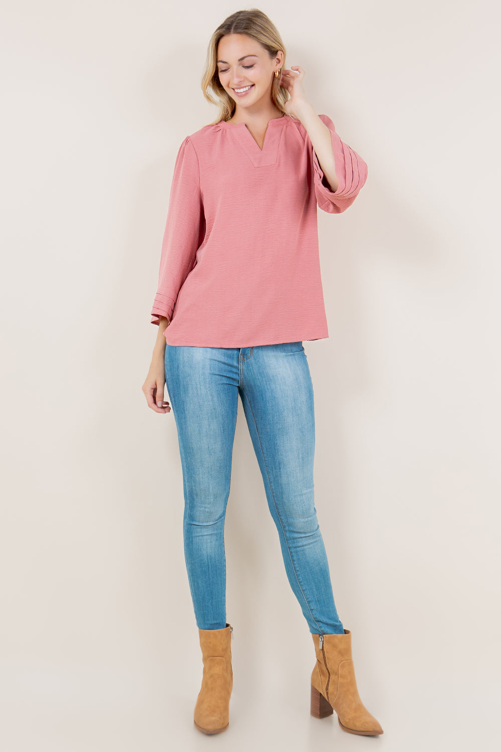 3/4 BELL PLEATED V NK TOP - T11602-MAUVE