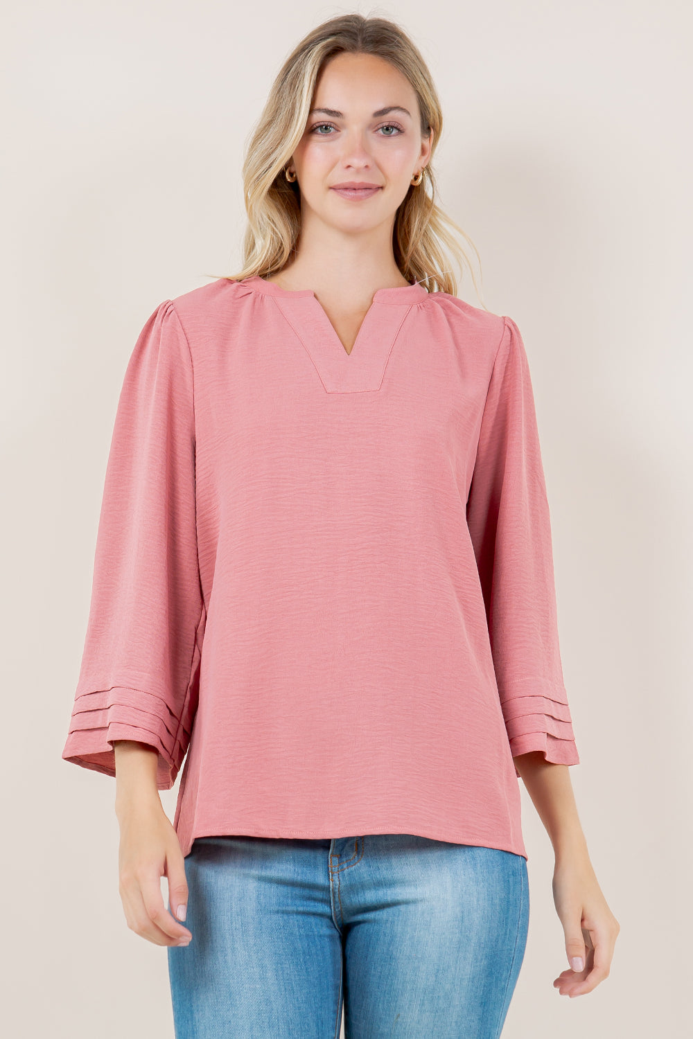 3/4 BELL PLEATED V NK TOP - T11602-MAUVE