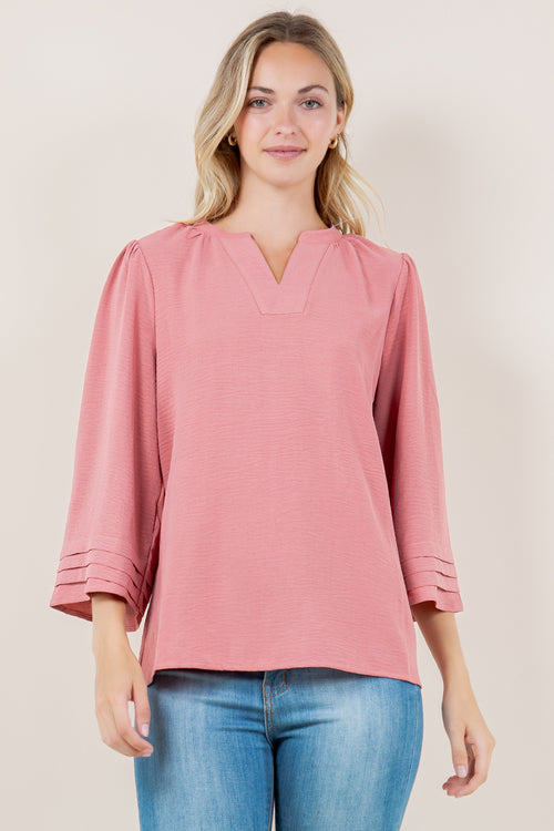 3/4 BELL PLEATED V NK TOP - T11602-MAUVE