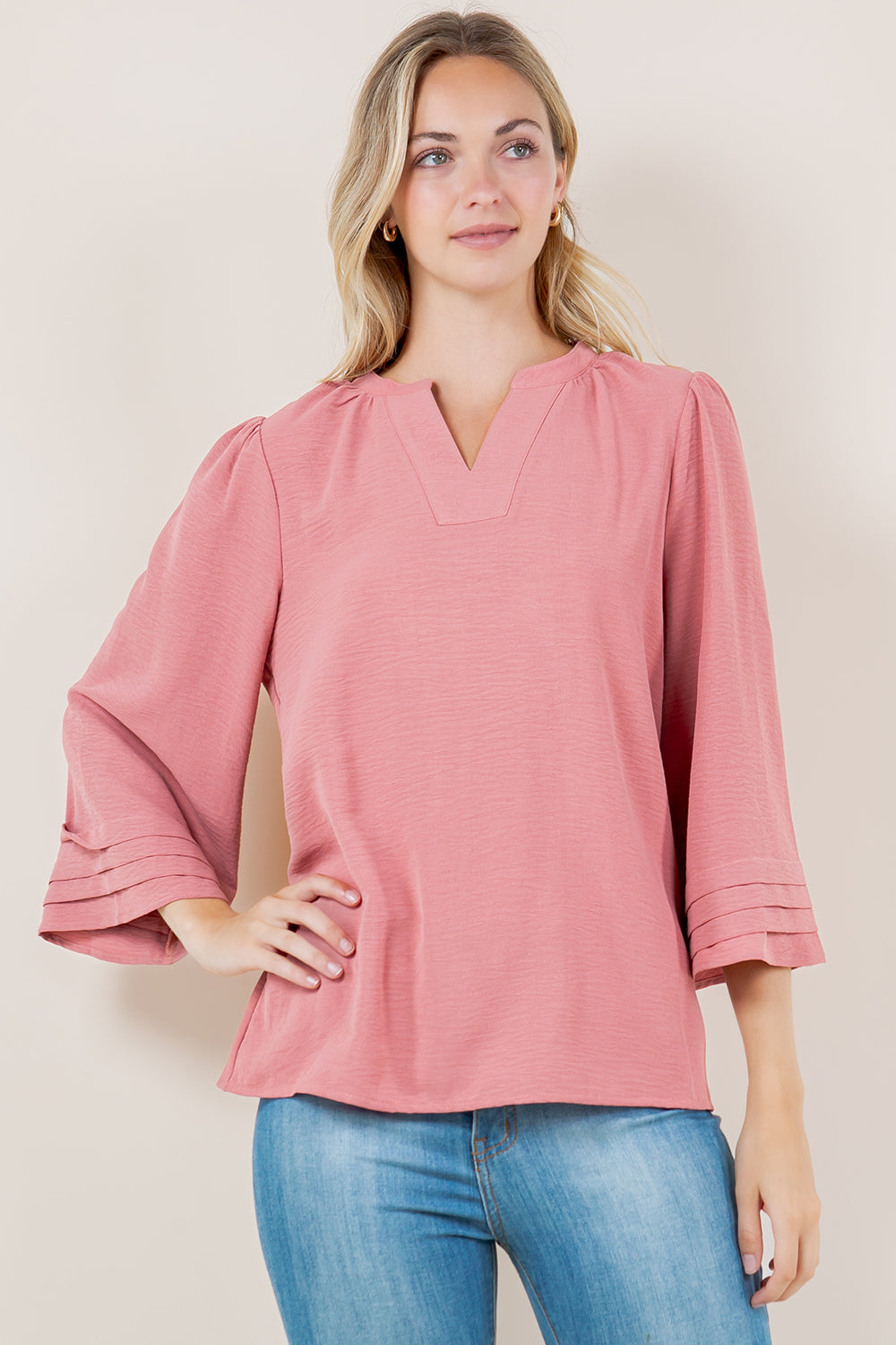 3/4 BELL PLEATED V NK TOP - T11602-MAUVE