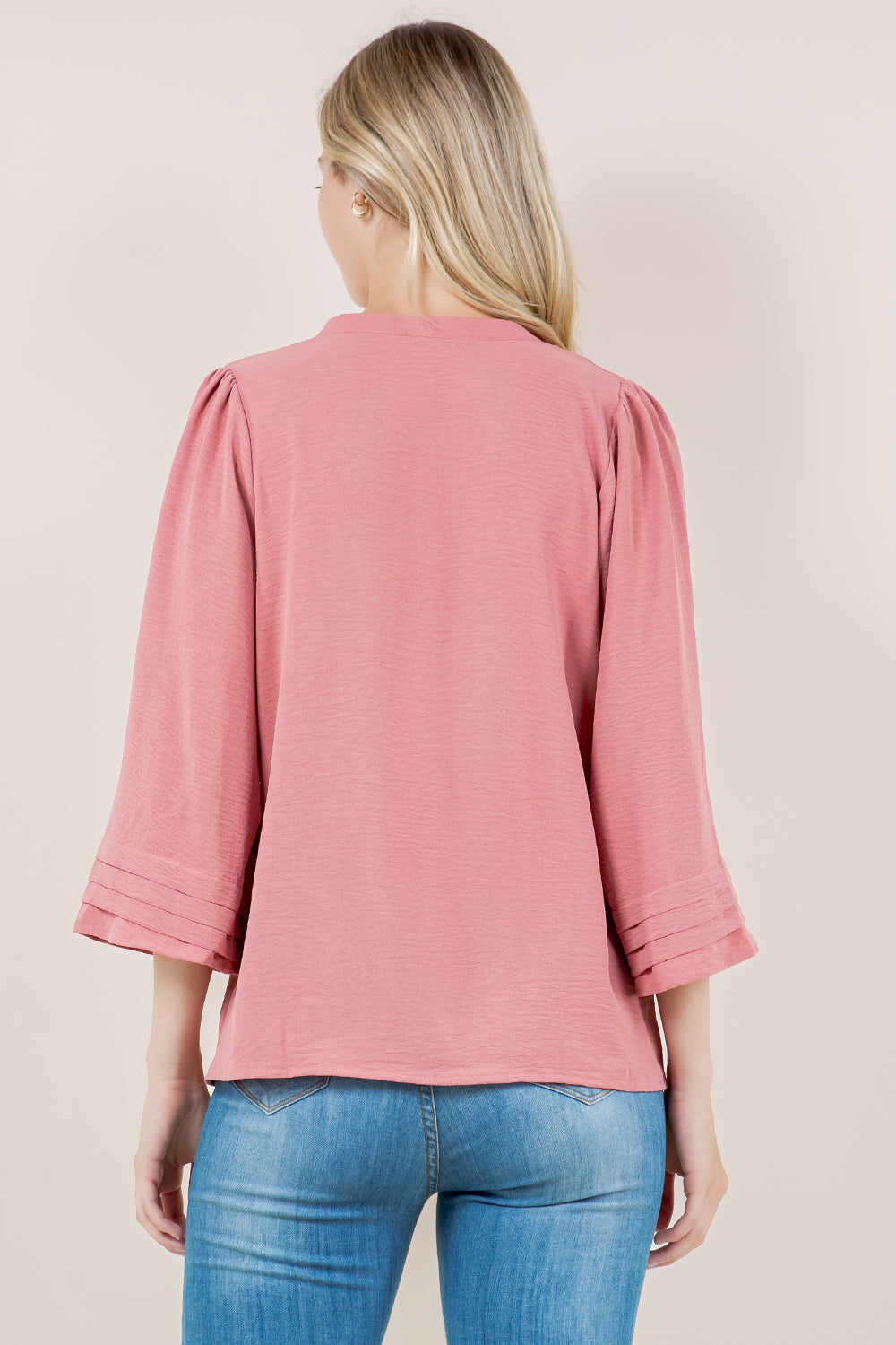 3/4 BELL PLEATED V NK TOP - T11602-MAUVE