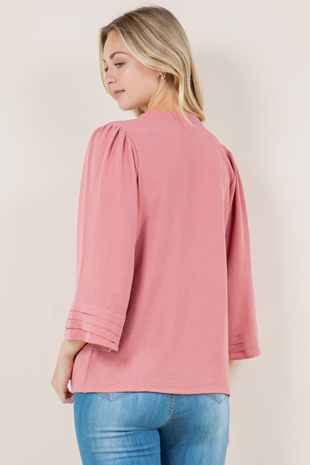3/4 BELL PLEATED V NK TOP - T11602-MAUVE