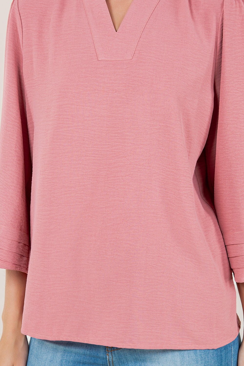 3/4 BELL PLEATED V NK TOP - T11602-MAUVE