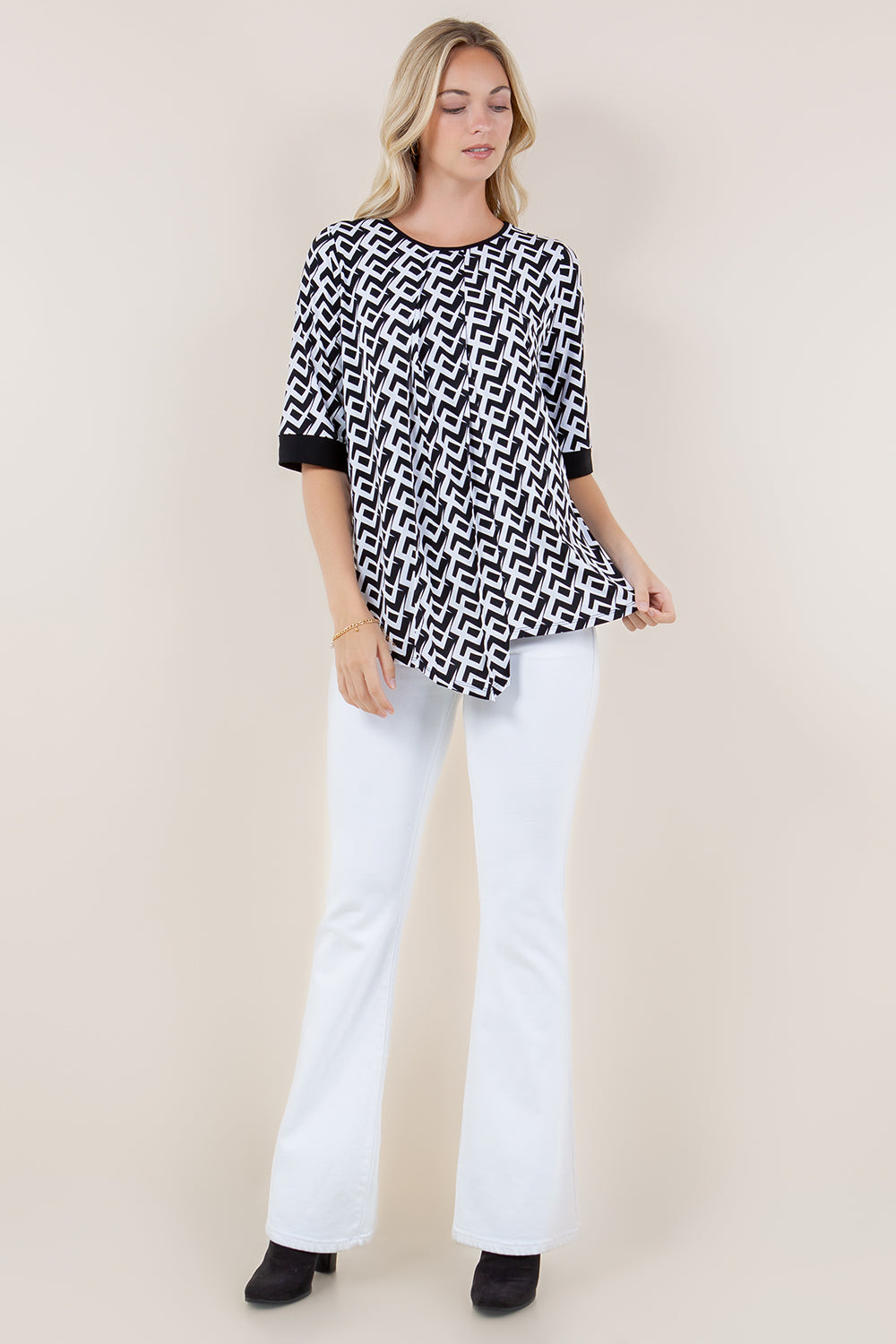 ELB SLV PLEATED ASSYMETRICAL HEM TOP - T11605