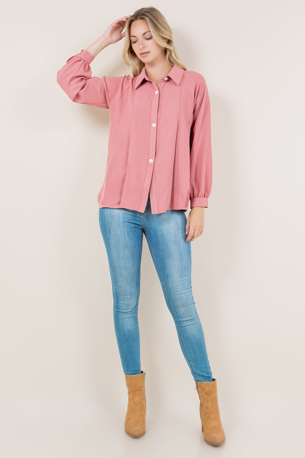 LS RAGLAN PLEATED BUTTON FRONT SHIRT - T11609-MAUVE
