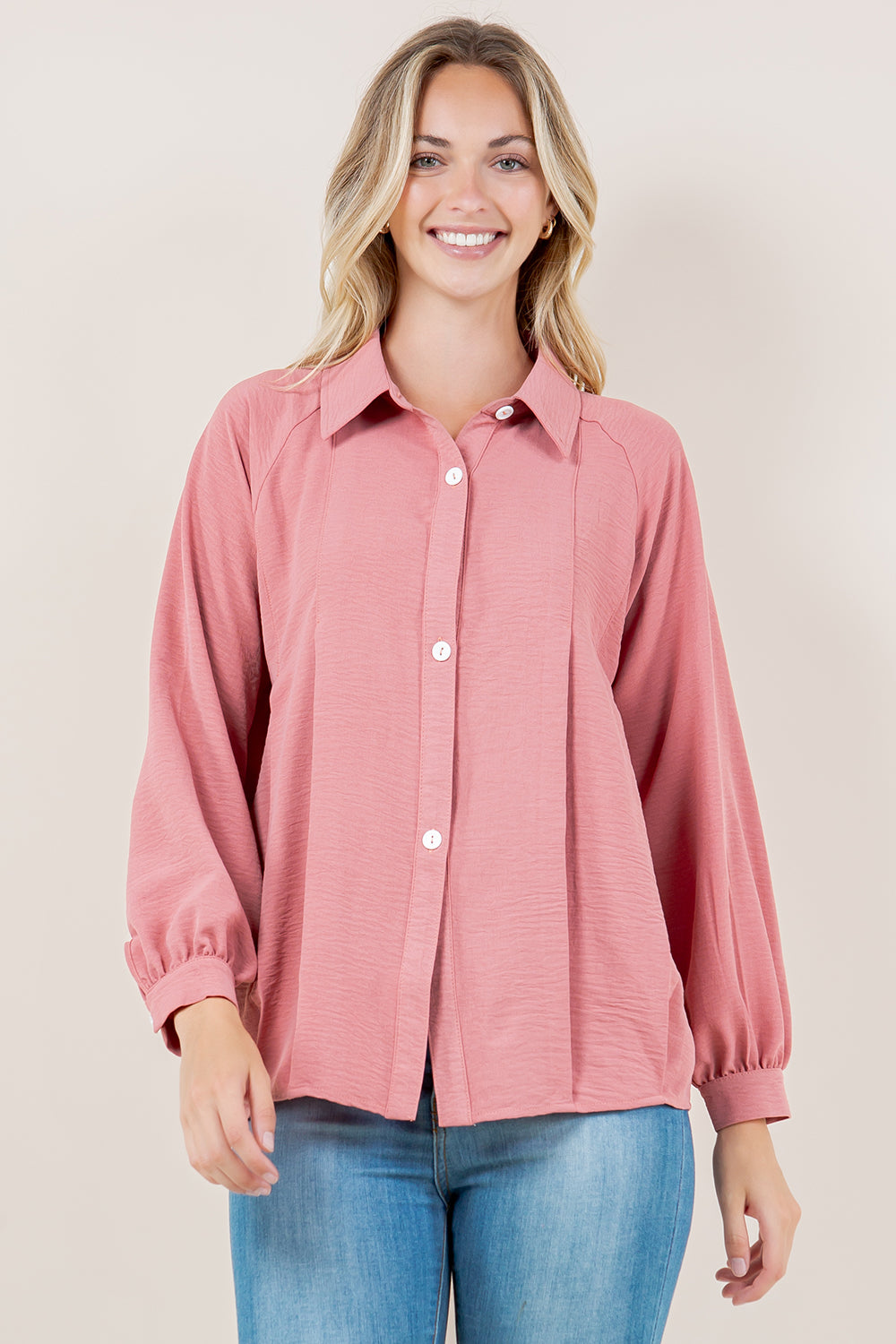 LS RAGLAN PLEATED BUTTON FRONT SHIRT - T11609-MAUVE