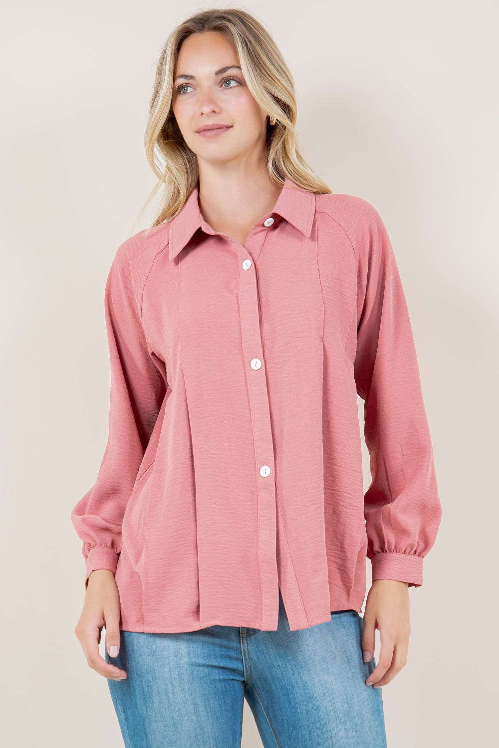 LS RAGLAN PLEATED BUTTON FRONT SHIRT - T11609-MAUVE