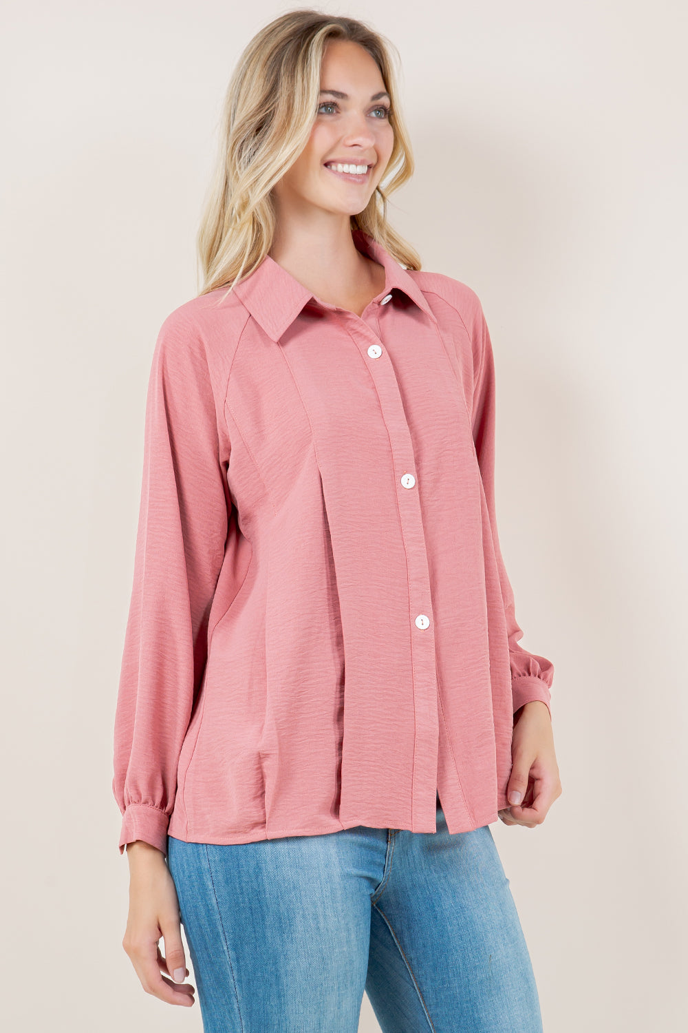 LS RAGLAN PLEATED BUTTON FRONT SHIRT - T11609-MAUVE