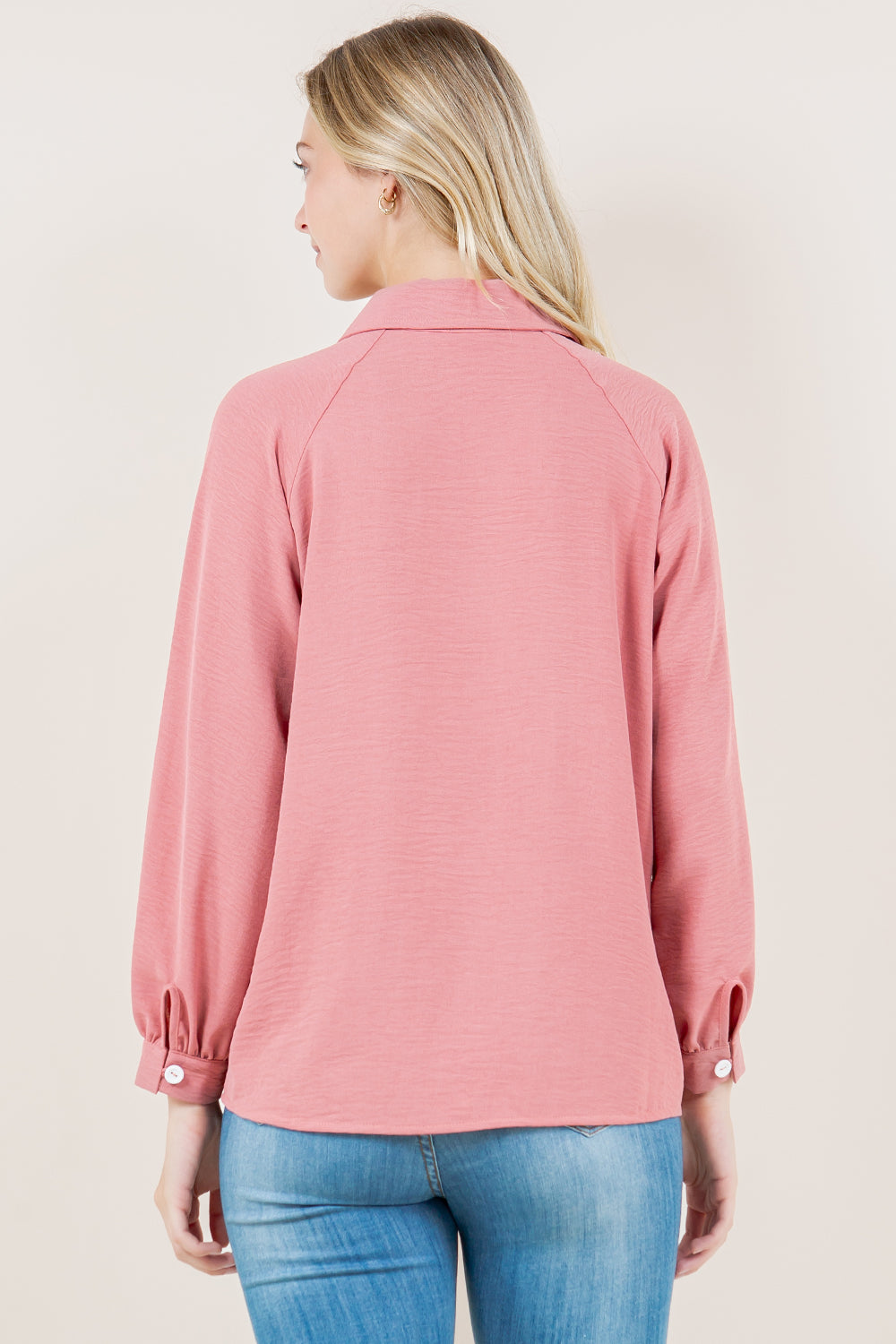 LS RAGLAN PLEATED BUTTON FRONT SHIRT - T11609-MAUVE
